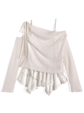 リボンワンショルダーシアートップス×イレヘムレースキャミソールアンサンブル