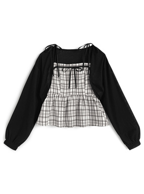 チェック柄リボンキャミソール×ボレロアンサンブル
