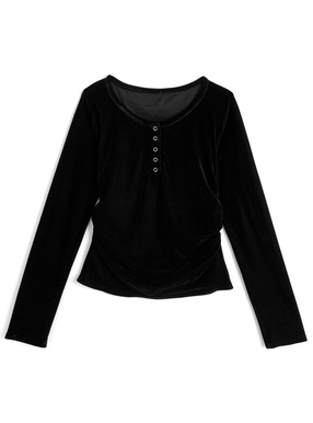 シアーベロアヘンリーネックギャザートップス