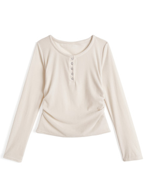 シアーベロアヘンリーネックギャザートップス