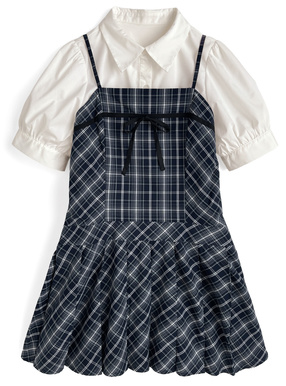 パフスリーブブラウス×チェック柄リボンプリーツキャミソールワンピースセットアップ