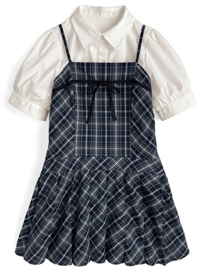 パフスリーブブラウス×チェック柄リボンプリーツキャミソールワンピースセットアップ