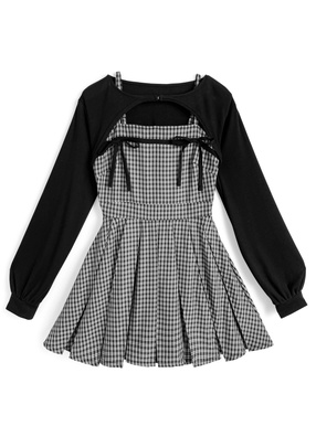 チェック柄リボンプリーツキャミソールワンピース×ボレロアンサンブル