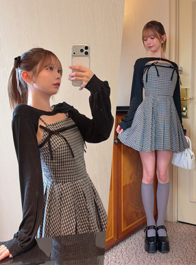 チェック柄リボンプリーツキャミソールワンピース×ボレロアンサンブル