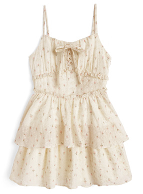 小花柄レースアップティアードキャミソールミニワンピース