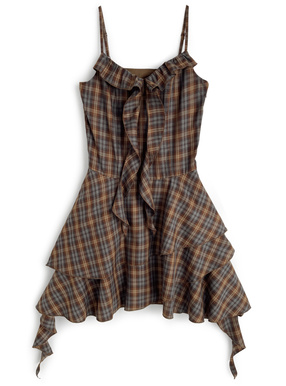 チェック柄フリルイレヘムミニキャミソールミニワンピース