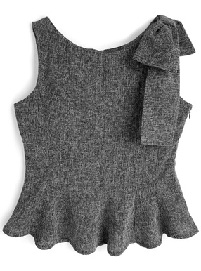 ツイードショルダーリボンノースリーブペプラムトップス