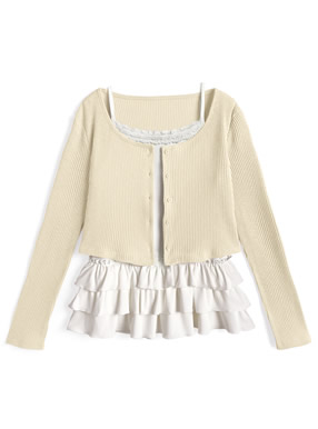 リブカーディガン×フリルキャミソールアンサンブル