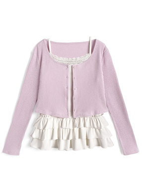 リブカーディガン×フリルキャミソールアンサンブル