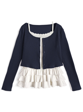 リブカーディガン×フリルキャミソールアンサンブル