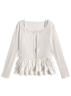 リブカーディガン×フリルキャミソールアンサンブル