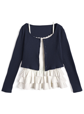 リブカーディガン×フリルキャミソールアンサンブル