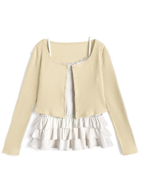 リブカーディガン×フリルキャミソールアンサンブル