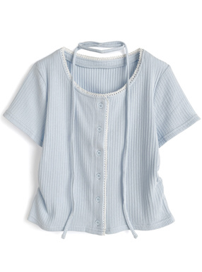 タイ付きレースサイドギャザーリブカーディガン