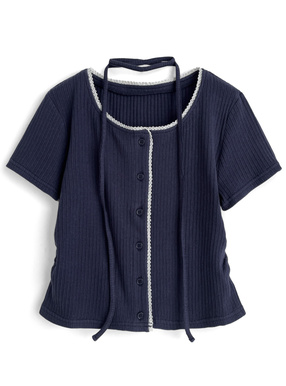 タイ付きレースサイドギャザーリブカーディガン