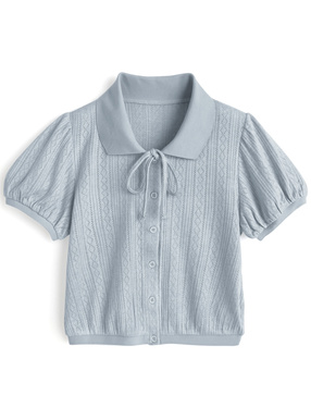 リボンパフスリーブ透かし編みトップス