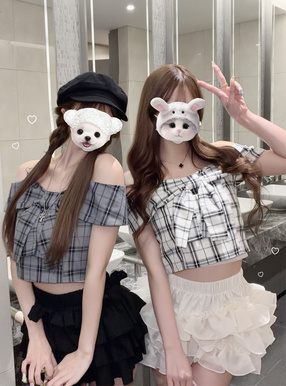 チェック柄リボンオフショルダートップス