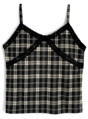 カップ付きチェック柄レースキャミソール