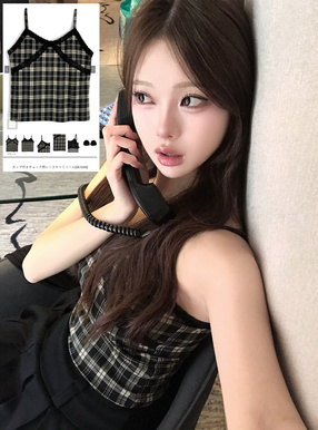 カップ付きチェック柄レースキャミソール