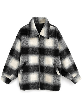 チェック柄ステンカラーシャギーブルゾン