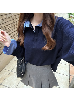 レイヤード風ポロニットトップス