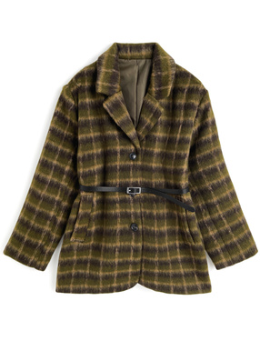 ベルト付きチェック柄シャギージャケット