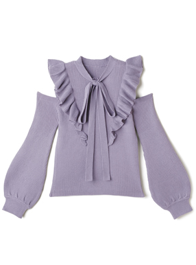 ボウタイ付きショルダーオープンフリルニット
