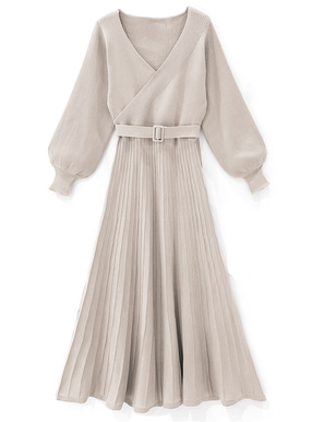 ベルト付きカシュクールプリーツニットワンピース