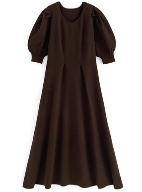 Vネックパフスリーブフレアニットワンピース