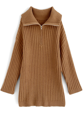 ハーフジップリブニットワンピース