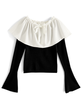 フリルカラー付フレアスリーブニットトップス