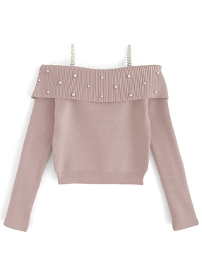 オフショルダーパールニットトップス