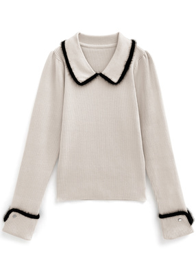 フェザーパイピングカラーリブニットトップス