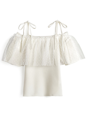 オフショルダーリボンドットチュールニットトップス