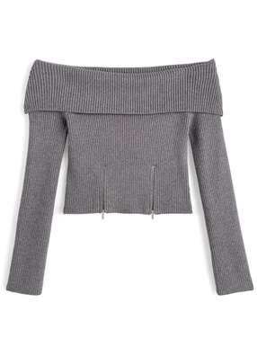 ジップデザインオフショルダーニットトップス