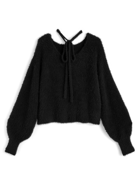 チョーカー付きシャギーニットトップス