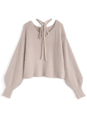 チョーカー付きシャギーニットトップス