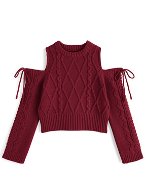 ショルダーオープンケーブル編みニットトップス