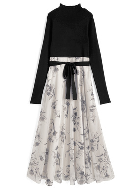 リボンベルト付きニットドッキング花柄ワンピース