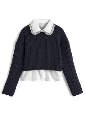 レース襟ブラウス×ケーブル編みリボンニットトップスアンサンブル