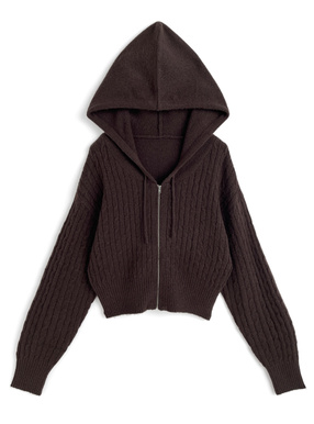 フード付きケーブル編みニットパーカー