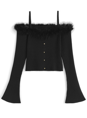 フェザーファーオフショルダーリブニットトップス