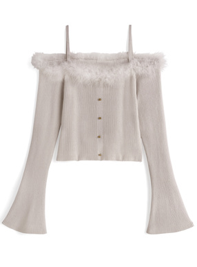 フェザーファーオフショルダーリブニットトップス