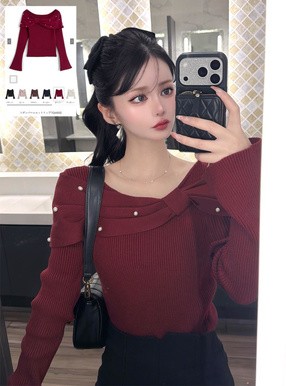 リボンパールニットトップス