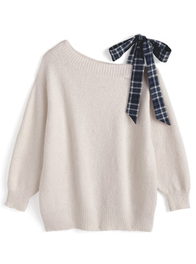 チェックリボンワンショルダーニットミニワンピース