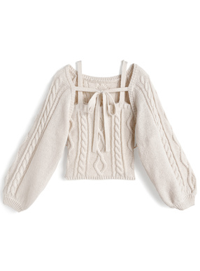 リボンボレロ×キャミソールケーブル編みニットアンサンブル