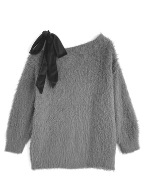 ワンショルダーベロアリボンニットミニワンピース