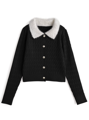 シャギーカラーケーブル編みニットカーディガン