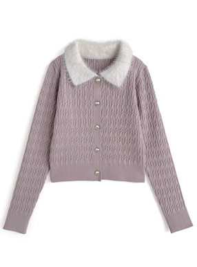 シャギーカラーケーブル編みニットカーディガン