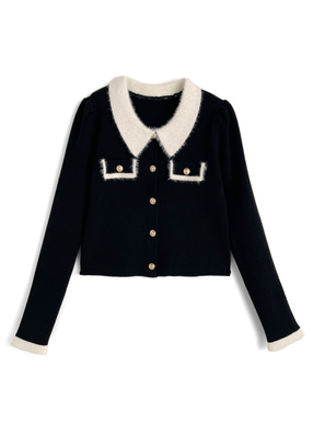 シャギーカラー配色ゴールドボタンカーディガン